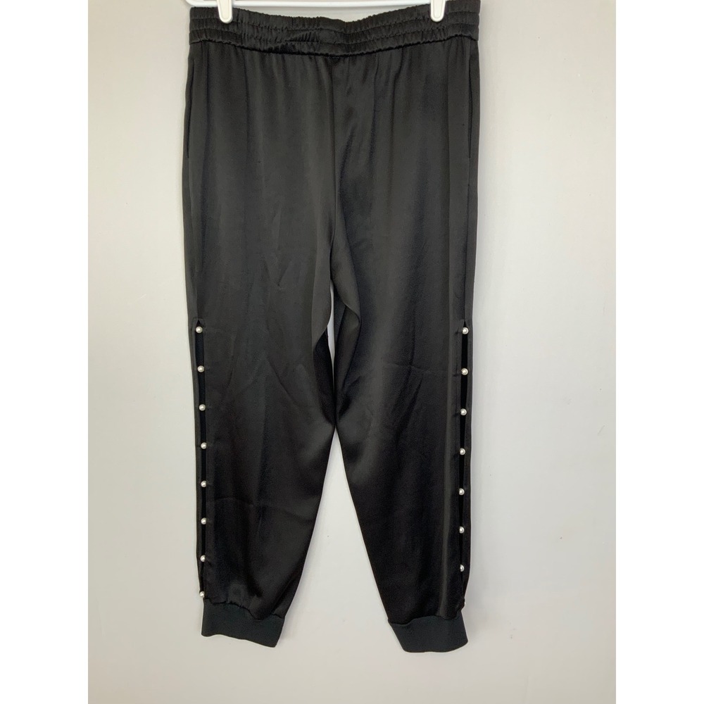 Alice + Olivia Sz Large Black Satin Pearl Pete Joggers Pull On Pants Cut Outs